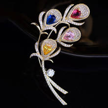 OKILY Elegant Winter Coat Beautiful Bouquet Brooches for Women's Accessories Colorful Zirconia Feather Brooch Pin New Year Gift 2024 - buy cheap