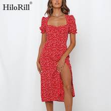 HiloRill Elegant Floral Print Dress Front Split Party Midi Dress Butterfly Short Sleeve Vintage Red Dress A-line Sundress Robe 2024 - buy cheap