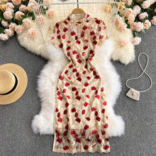 Женское приталенное платье с принтом роз, элегантное платье с круглым вырезом и коротким рукавом, лето 2021 2024 - купить недорого