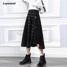 Saia longa de cintura alta plissada, preta, gótica, punk, rua, verão, fivela, feminino, harajuku, roupas legais de moda coreana 2024 - compre barato