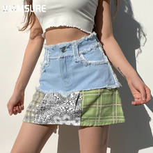 IAMSURE Casual Patchwork Plaid Denim Mini Skirts Sweet Slim High Waisted A-Line Skirt Women 2021 Fashion Streetwear Vintage Cute 2024 - buy cheap