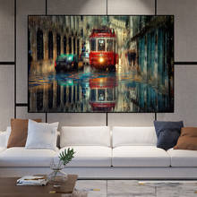 Modern The Lisbon City Paintings Red Bus Rainy Street Posters and Prints Oil Canvas Painting Wall Art Pictures for Living Room 2024 - buy cheap