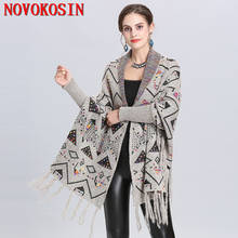 2021 Outside Streetwear Geometric Printed Cloak Winter Knitted Thick Tassel Poncho Women Long Sleeves Pashmina  Warm Shawl 2024 - buy cheap