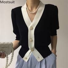 Color-blocked Knitted Cardigan Knitwear Women Short Sleeve V-neck Single Breasted Sweater Summer Korean Vintage Ladies Jumpers 2024 - buy cheap