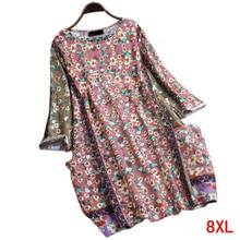 Vestido de algodão e linho para mulheres, plus size, 5xl 6xl 7xl 8xl, verão, gola redonda, manga comprida, bolso solto, vestido floral 2024 - compre barato