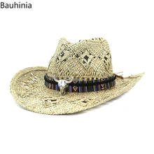 Sombrero de paja de vaquero occidental para hombre, banda de cabeza de toro, decoración hecha a mano, Crochet, sal, hueco, para playa al aire libre 2024 - compra barato