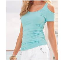 Camiseta feminina de cor sólida, camiseta casual com manga curta e ombro de fora na moda, 7 cores, verão 2024 - compre barato
