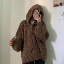 Women Autumn Winter Twist Zipper Hooded Sweater Coat Knitted Cardigan Jacket Oversized Long Lantern Sleeve Outwear 2024 - buy cheap