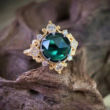 Anéis dourados com flores, alta qualidade, criados cristal verde redondo, joias de marca elegante, cristal austríaco cz para mulheres 2024 - compre barato