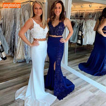 Trendy White Two Pieces Mermaid Evening Dresses Lace Applique V Neck Evening Gowns Backless Sweep Train Side Split Formal Dress 2024 - buy cheap