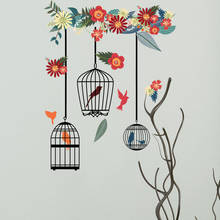 Pegatinas de pared de jaula de pájaros de flores coloridas para sala de estar, decoración del hogar, calcomanías de pared, murales grandes, Póster Artístico de PVC 2024 - compra barato