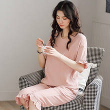 Pajamas women summer cotton short-sleeved sleepwear clothes 3/4 pant cotton strips home wear women two-piece pijama suit 2024 - buy cheap