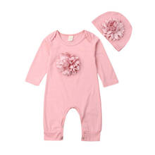 Bebê recém-nascido menina macacão roupas flor 3d manga longa rosa bonito macacão chapéu conjunto 2024 - compre barato