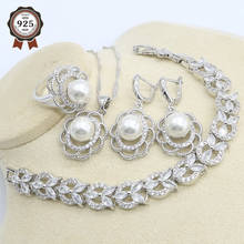 Conjunto de joyería de Color plata y Perla blanca para mujer, pulsera de Zirconia blanca, pendiente, collar, anillo colgante, regalo de cumpleaños 2024 - compra barato
