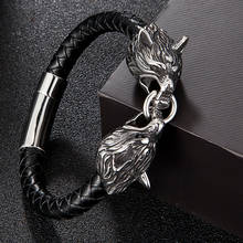 Stainless Steel Bracelet Wolf Head Punk Rock Bangles Charm Fashion Black Leather Men Jewelry Wholesale Accessories Friends Gifts 2024 - buy cheap
