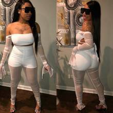HAOYUAN Sexy Ruched Mesh Sheer Two Piece Set Jumpsuit Women Fall Off Shoulder Long Sleeve Crop Top Stacked Leggings Club Outfits 2024 - buy cheap