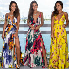 Women Ladies Boho Floral Maxi Dress Deep V Neck Strap Party Dress Split Beach Sundress 2024 - buy cheap