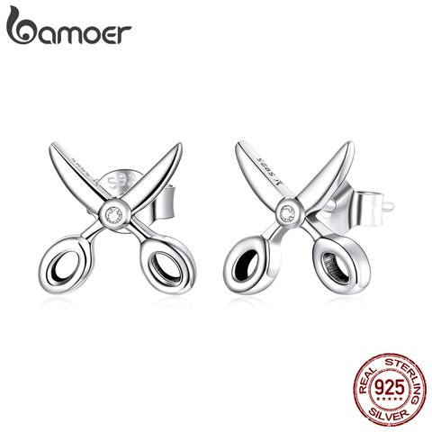 bamoer Silver Small Scissors Earring Real 925 Sterling Silver Simple CZ Tools Stud Earrings Gift For Women Fine Jewelry SCE1003 2022 - купить недорого