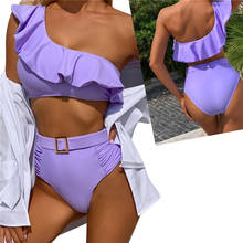 Bikini de un hombro para mujer, traje de baño Sexy de cintura alta con volantes, Color sólido, sin espalda, ropa de playa 2024 - compra barato