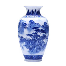 Jarrón de cerámica azul y blanco de porcelana Jingdezhen, ornamento de paisaje, cuerpo delgado, estilo chino, sala de estar, arreglo de flores, casa 2024 - compra barato