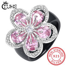 New Luxury Solid 925 Sterling Silver Rings for Women Wedding Pink AAA CZ Big Flower Healthy Ceramic Rings Wedding Jewelry Gift 2024 - buy cheap