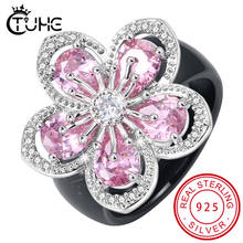 Novo luxo sólido 925 prata esterlina anéis para o casamento feminino rosa aaa cz grande flor saudável cerâmica anéis de jóias de casamento presente 2024 - compre barato