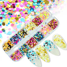 12 ячеек, разноцветные круглые блестящие хлопья для ногтей, 1/2/3 мм, 3D блестки, пайетка, пудра, подвески, украшения для дизайна ногтей, маникюр 2024 - купить недорого