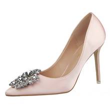 BIGTREE Women Bridal Wedding Shoes Silk Satin Rhinestone Crystal Shallow Woman Pumps Stiletto High Heel Plus Size 43 Office Shoe 2024 - buy cheap