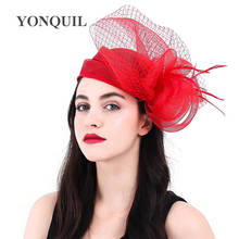 Alta qualidade vermelho kenducky derby chapéus véus fascinadores bandana casamento millinery malha headwear fantasia pena acessórios de cabelo 2024 - compre barato