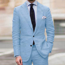 Новейший Небесно-Голубой летний мужской костюм, комплект из 2 предметов, индивидуальный облегающий пляжный костюм для жениха, Свадебный костюм, смокинг, блейзер и брюки 2024 - купить недорого