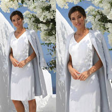Vestidos de Madre de la novia azul claro con Chaqueta larga, cuello en V hasta la rodilla, vestido de invitados de boda, apliques de encaje, vestido Formal de satén 2024 - compra barato