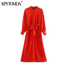 KPYTOMOA женское 2021 элегантное модное офисное платье средней длины винтажное платье с длинным рукавом и поясом женские платья Vestidos Mujer 2024 - купить недорого
