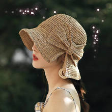 Sombrero de sol con lazo de rafia para mujer, sombrero flexible para playa de ala ancha, cúpula de paja de Panamá, sombrero de cubo para sombra 2024 - compra barato
