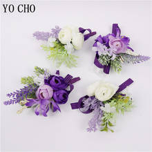 YO CHO Boutonniere and Corsages Artificial Flower Bride Wrist Corsage White Purple Wedding Rose Flower Brooch Pins Boutonnieres 2024 - buy cheap