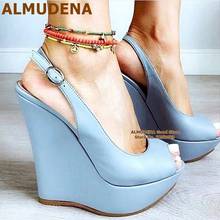 ALMUDENA Sky Blue Matte Leather Wedge Dress Shoes Open Toe Buckle Strap Slingback Platform Prom Pumps Gladiator Sandals Size47 2024 - buy cheap
