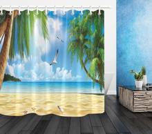 Занавеска для душа океанская, тропический Летний Пляжный сценический водонепроницаемый занавес из водонепроницаемой ткани для ванной, с изображением пальмы, листьев 2024 - купить недорого
