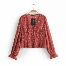 2019 women vintage v neck floral print casual short blouses ladies french style lantern sleeve smock shirts chemise tops LS4073 2024 - buy cheap