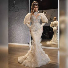 Haute Couture-Vestidos de Fiesta de sirena y champán, manga larga, plumas de encaje, vestido de noche brillante con cuentas árabes, vestidos formales de fiesta 2024 - compra barato