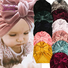 1 PCS Comfortable Soft Gold Velvet Baby Warm Hats Solid Color Handmade Big Bowknot Toddler Caps Cute Bows Turban Birthday Gifts 2024 - buy cheap