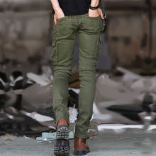 Calça cargo masculina, calça skinny para motociclista, com zíper, plissada, verde militar, slim fit 2024 - compre barato