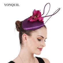 Cetim roxo flor moda casamento fascinator feminino chapéu bandana flor acessórios para o cabelo da noiva ocasião igreja fedora bonés 2024 - compre barato