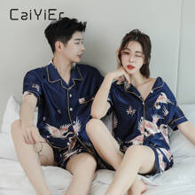 Conjunto de pijamas de casal de seda caiyier, pijamas femininos e masculinos com manga curta estampado com guindaste, roupa de dormir de verão, roupas de dormir de tamanho grande 2024 - compre barato