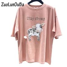 ZuoLunOuBa Summer T Shirt Women's Pink Cartoon STAY STRONG Cow Beaded Letter Print Harajuku Short Sleeved Round Neck Tees Tops 2024 - buy cheap