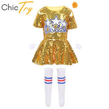 ChicTry Kids Teens Sequins Crop Tops with Skirt Shorts Socks Set Stage Performance Jazz Dance Costume Girls Cheerleading Uniform 2024 - buy cheap