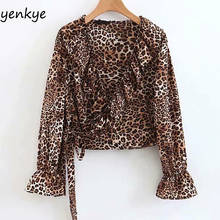 2019 Sexy Leopard Wrap Ruffle Blouse Shirt Women V Neck Long Sleeve Streetwear Autumn Crop Top  SDP9063 2024 - buy cheap