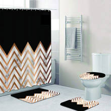 Luxo preto ouro chevrons ziguezague mármore cortina de chuveiro conjunto para o banheiro geométrico folha dourada banho cortinas tapete decoração da sua casa 2024 - compre barato