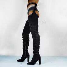 LAIGZEM Sexy Women Over Knee Boots Faux Suede Chunky Fashion Thigh High Boots Waist Belt Strap Zip Boots Size 34-47 2024 - buy cheap