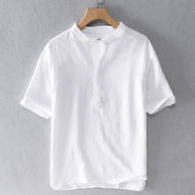 Camisa de lino de manga corta para hombre, camisa suelta con cuello levantado, transpirable, informal, de verano, nueva 2024 - compra barato