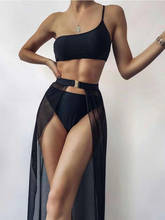 Foohootore 3 pçs roupas de banho femininas adultos cor sólida um ombro biquíni com almofadas no peito + tanga + transparente sarong 2024 - compre barato