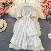 HangCode Summer Dress Retro Gothic Bandage Waist Irregular White Black Women Dress Elegant Puff Sleeve Off Shoulder Party Dress 2024 - buy cheap